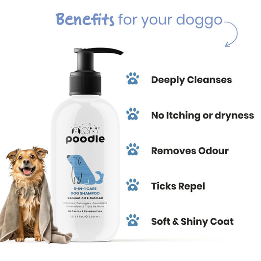 Poodle 5 in 1 Dog Shampoo | Anti-Tick, Anti-Itch, Odour Control, Shed Control & Conditioning | With Coconut & Oatmeal | For Shih Tzu, Labrador, Golden Retriever & All Breeds | 300ml