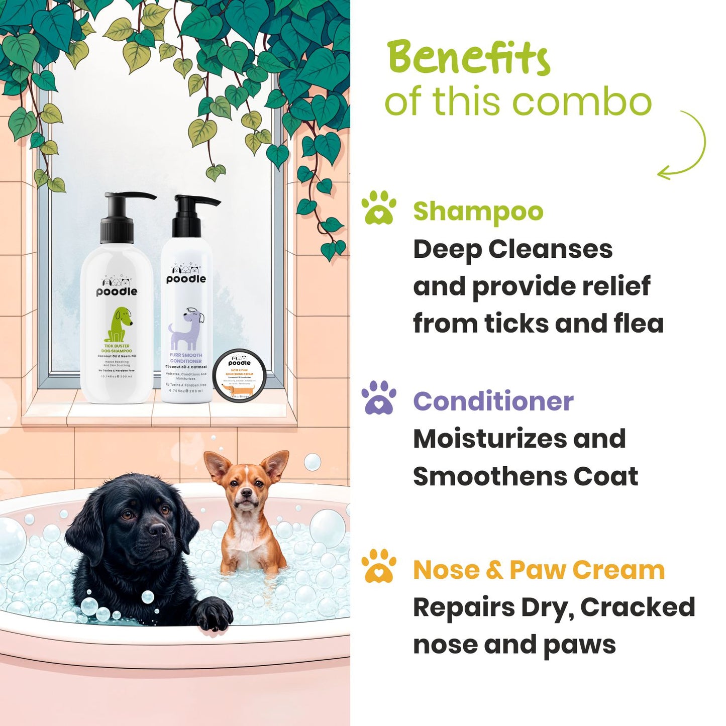 Poodle Tick Buster Dog Shampoo + Conditioner + Paw Cream ( Combo Pack of 3) | Neem Dog Shampoo for Ticks and Fleas | Moisturizing, Deodorizing & Anti-Itch Care | Puppy Safe, Herbal Care