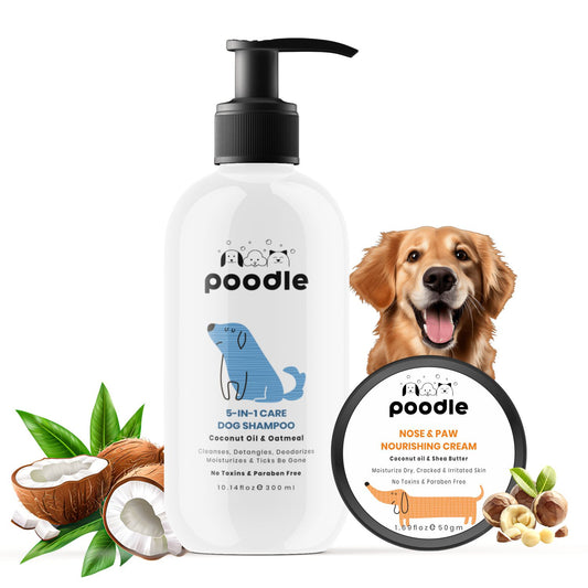 Poodle-5-in-1-Benefits-Dog-Shampo 300ml+ Paw Cream 50gm (Combo pack of 2) - Heathy Coat and Moisturized Paws | OATMEAL AND COCONUT OIL | VITAMIN E | PARABEN FREE