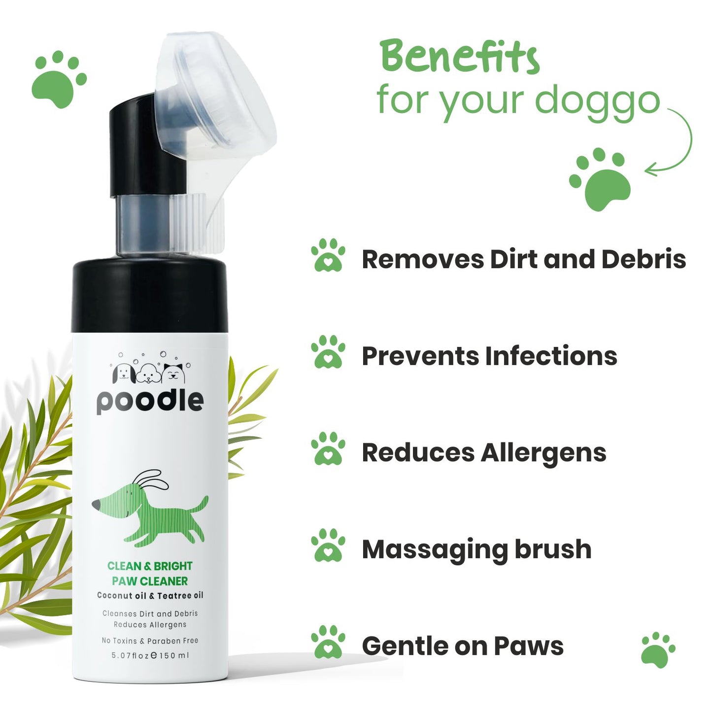 Poodle Clean & Bright Paw Cleaner for Dogs | No-Rinse Foaming Wash with Coconut Oil | Lick-Safe, Quick Dry, Moisturizing & Deodorizing Paw Cleanser | All Breeds | Softens and Protects | 150ml