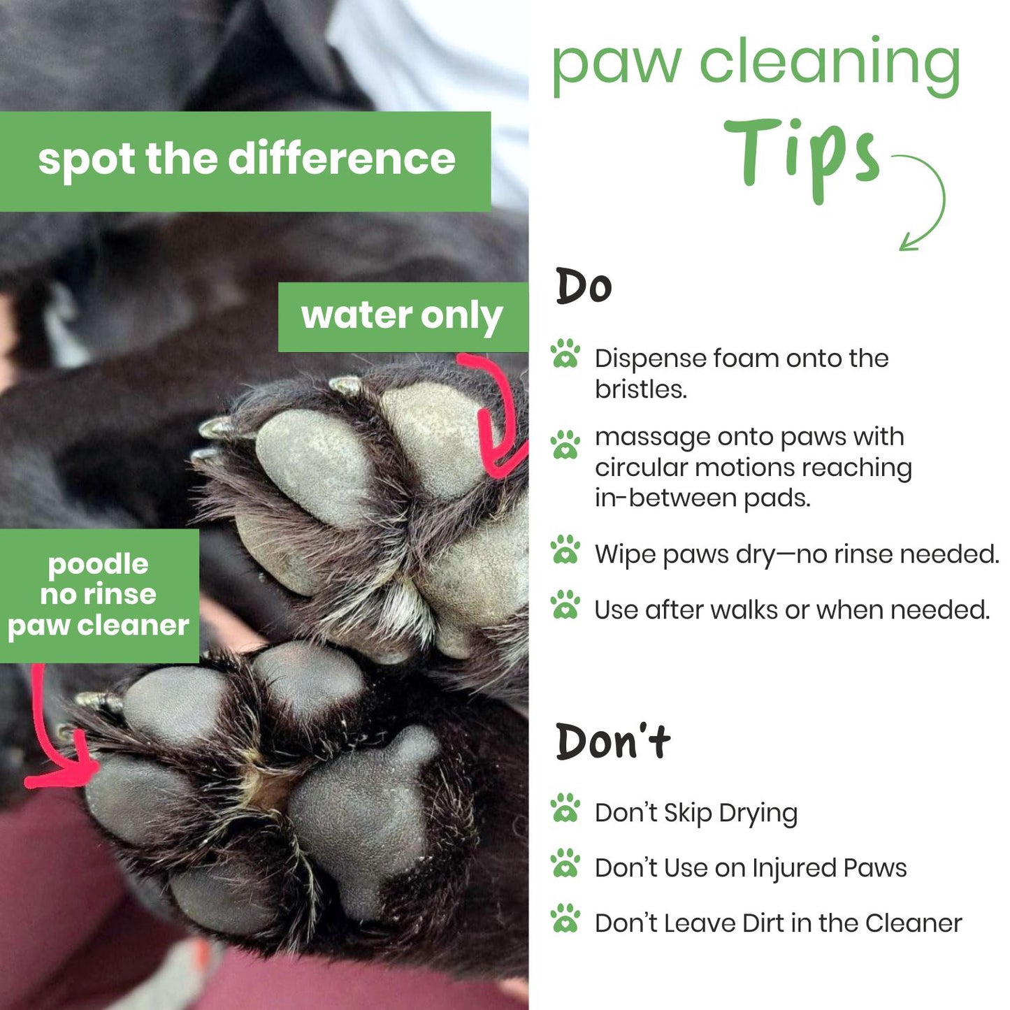 Poodle Clean & Bright Paw Cleaner for Dogs | No-Rinse Foaming Wash with Coconut Oil | Lick-Safe, Quick Dry, Moisturizing & Deodorizing Paw Cleanser | All Breeds | Softens and Protects | 150ml