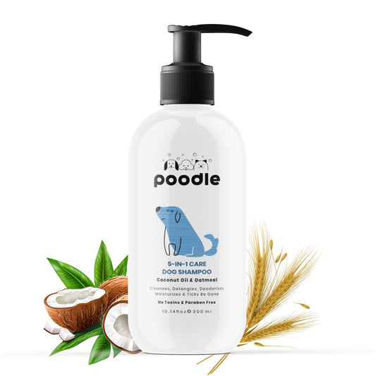 Poodle 5 in 1 Dog Shampoo | Anti-Tick, Anti-Itch, Odour Control, Shed Control & Conditioning | With Coconut & Oatmeal | For Shih Tzu, Labrador, Golden Retriever & All Breeds | 300ml