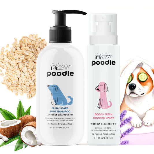 Poodle 5-in-1 Dog Shampoo with Coconut Oil & Oatmeal (300ml) + Doggy Fresh Cologne Spray with Coconut & Lavender Oil (200ml) | Cleanses, Deodorizes, Detangles & Moisturizes | No Toxins, Paraben-Free