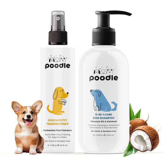 Poodle-5-in-1-Benefits-Dog-Shampoo 300ml + Puppy Potty Training Spray 200ml (Combo Set  2-in-1) - Healthy Coat and Puppy Training | OATMEAL AND COCONUT OIL | PLANT BASED