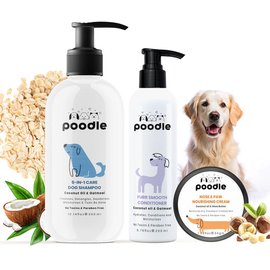 Poodle 5-in-1 Dog Shampoo + Conditioner + Paw Cream ( Combo Pack of 3) | Coconut Oil & Oatmeal | Natural Grooming Set for Dogs & Puppies | Moisturizing, Deodorizing & Anti-Itch Care