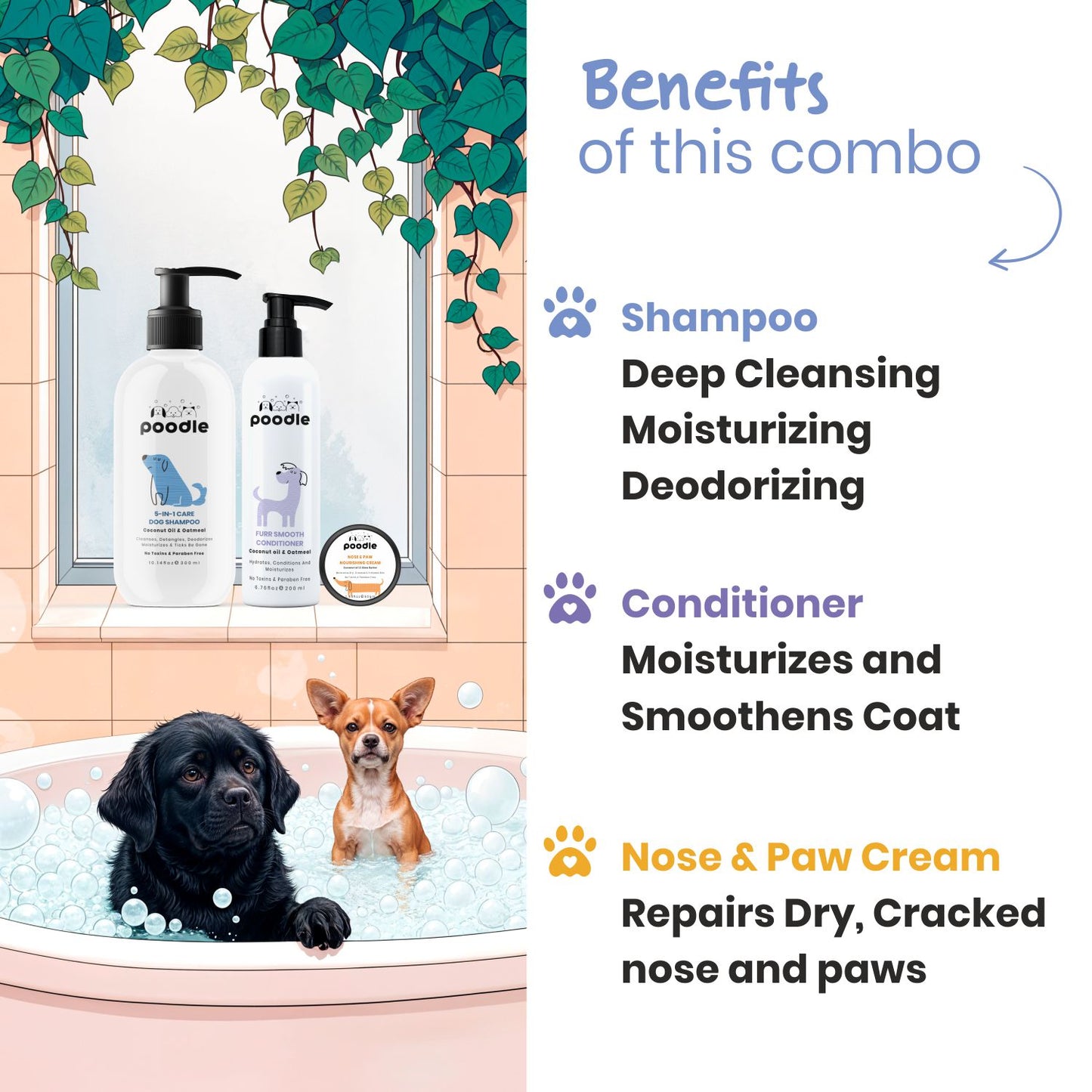 Poodle 5-in-1 Dog Shampoo + Conditioner + Paw Cream ( Combo Pack of 3) | Coconut Oil & Oatmeal | Natural Grooming Set for Dogs & Puppies | Moisturizing, Deodorizing & Anti-Itch Care