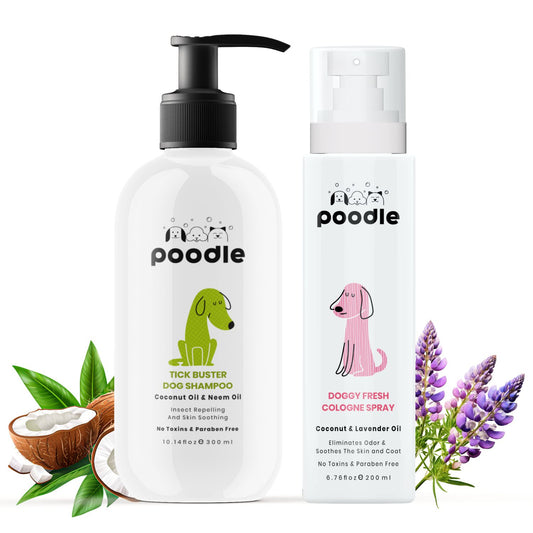 Poodle-Tick Buster-Dog-Shampoo 300ml + DoGgy Fresh Perfume 200ml -(Combo Pack of 2) For Tick Free and Fragrant Coat | REMOVES ODOUR | COCONUT AND LAVENDER