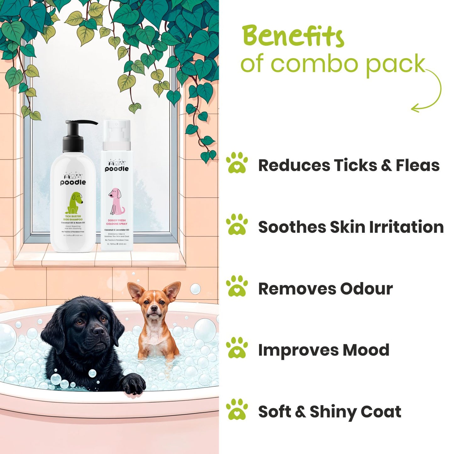 Poodle-Tick Buster-Dog-Shampoo 300ml + DoGgy Fresh Perfume 200ml -(Combo Pack of 2) For Tick Free and Fragrant Coat | REMOVES ODOUR | COCONUT AND LAVENDER