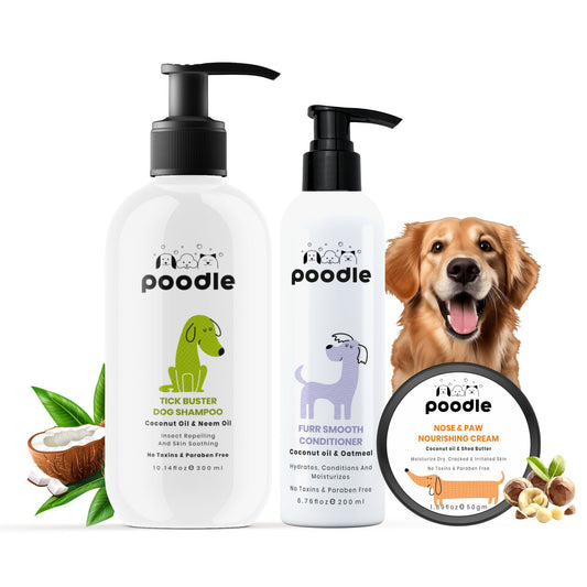 Poodle Tick Buster Dog Shampoo + Conditioner + Paw Cream ( Combo Pack of 3) | Neem Dog Shampoo for Ticks and Fleas | Moisturizing, Deodorizing & Anti-Itch Care | Puppy Safe, Herbal Care