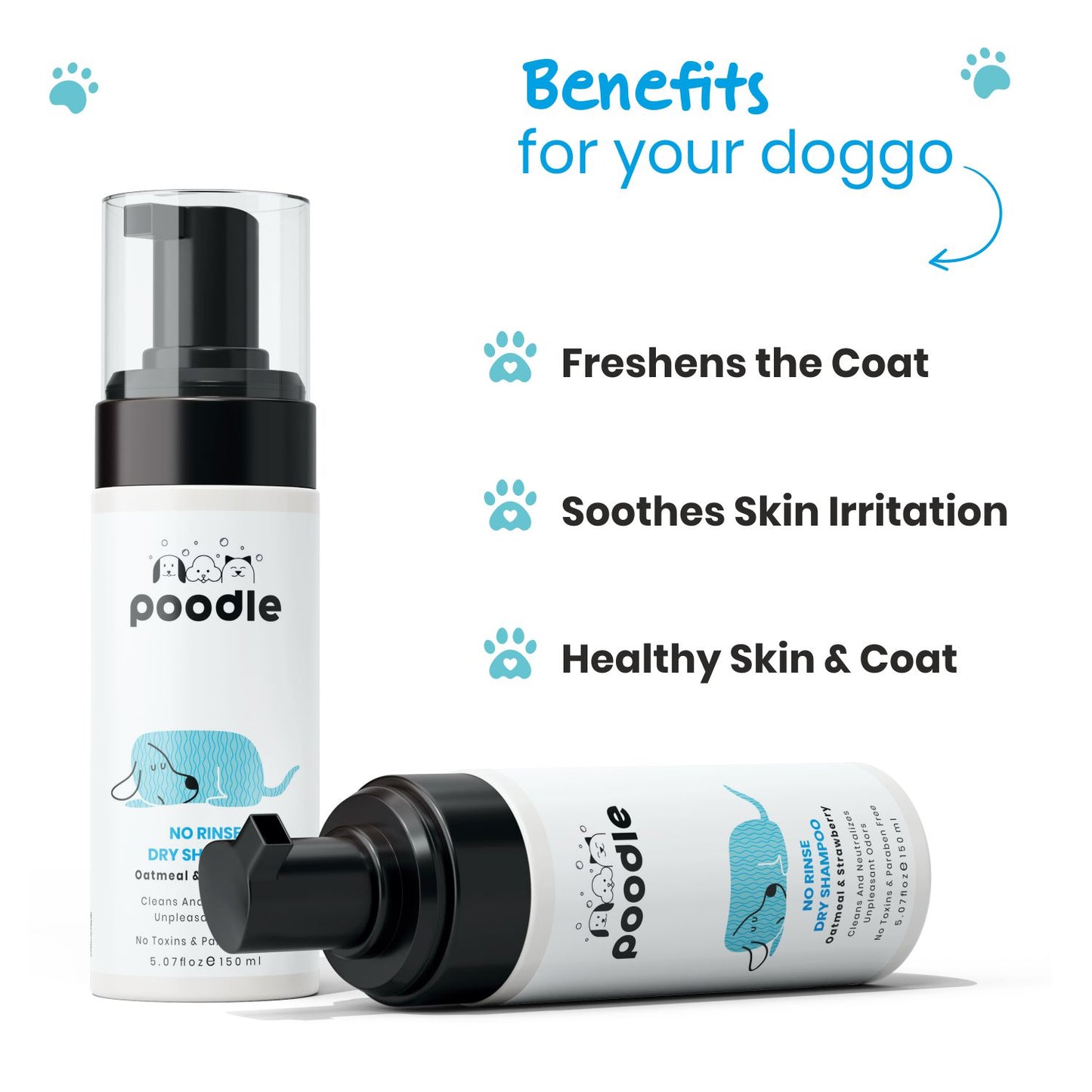 Poodle No Rinse Dry Bath Shampoo | for Dogs | Waterless | Oatmeal & Strawberry, 150 ml