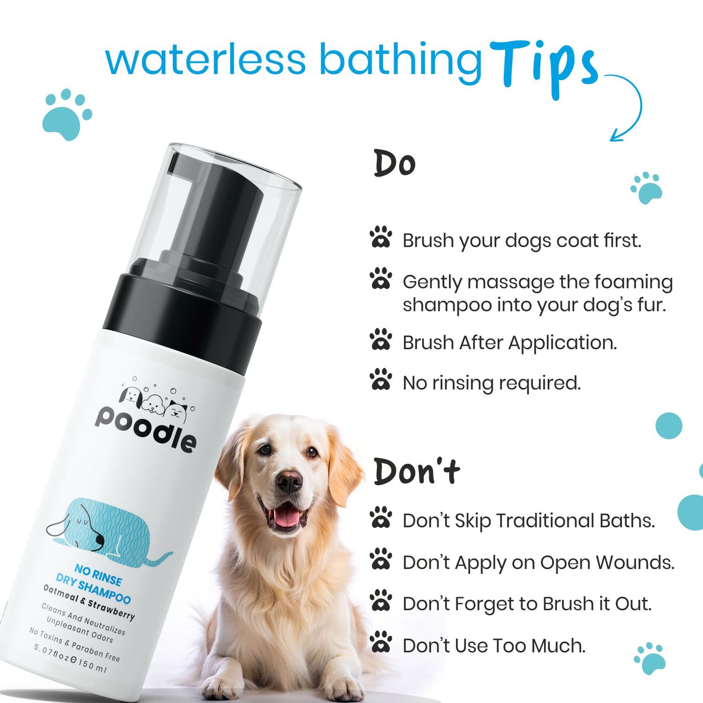 Poodle No Rinse Dry Bath Shampoo | for Dogs | Waterless | Oatmeal & Strawberry, 150 ml