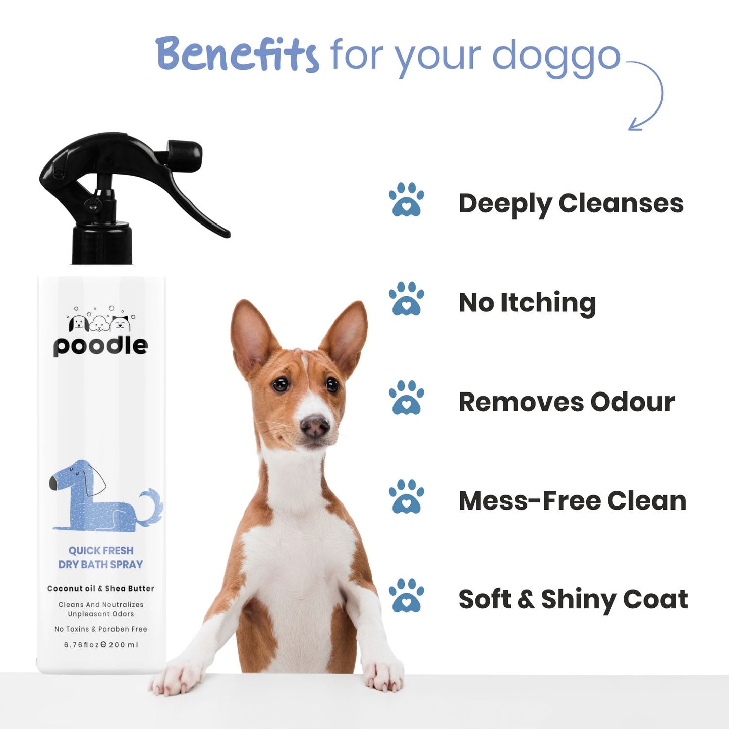 Poodle Quick Fresh Dry Bath Spray | Waterless | Natural Coconut Oil & Shea Butter 200 ml Pet Coat Cleanser (Suitable For Dog)