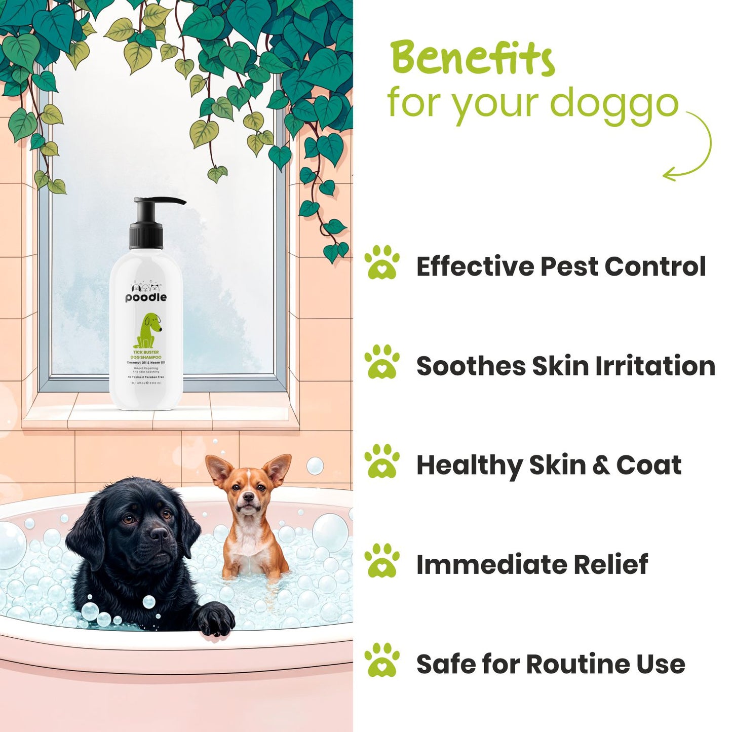 Poodle Tick Buster Dog Shampoo 300ml - Anti Itch Tick and Flea | Herbal Neem Formula | Natural and Safe for Puppies & Dogs |  Effective Dog Ticks Shampoo